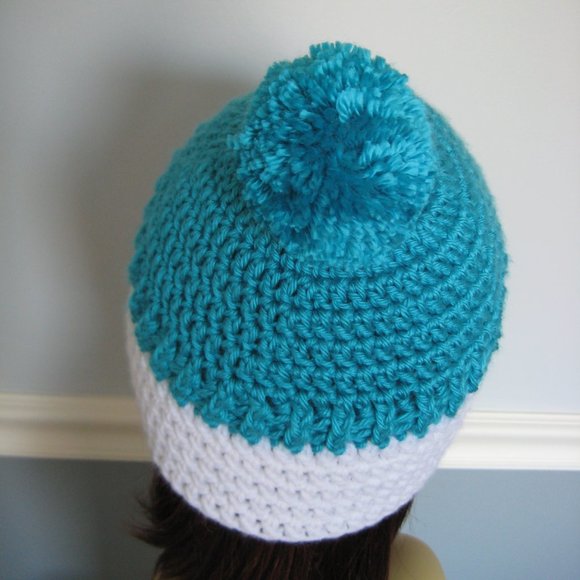 Teal Snowman Hat for Teens or Adults/Unisex Hand Knit Beanie w/ Pom Pom's - SALE - Picture 3 of 6